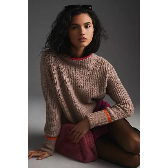 The Maeve Mock-Neck Color-Tipped Sweater in Taupe - Picture 1 of 11